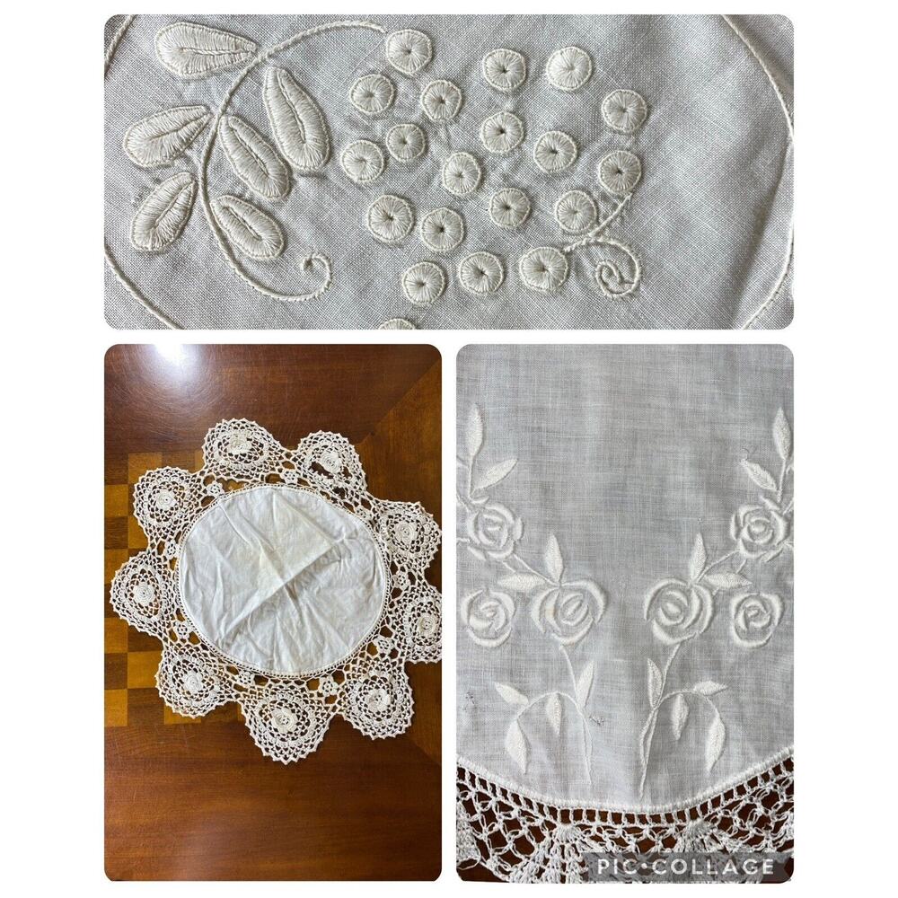 Lot 8 VTG Family Table Cloth Linens Doilies Runner Embroidery Lace Crochet‎ READ